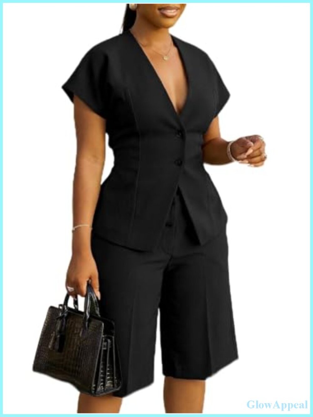 Women 2 Piece Suit Set Cap Sleeve Blazer Midi Pants Business Casual